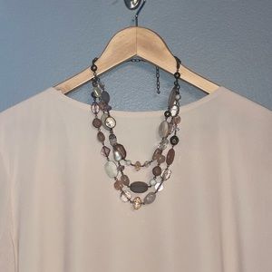 Premier Designs three strand necklace in mauves and greys w/aged brass accents